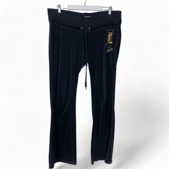 Juicy Couture Pants - Juicy Couture Black Velour Gold Embellished Bootcut Drawstring Y2K Pants (XL)